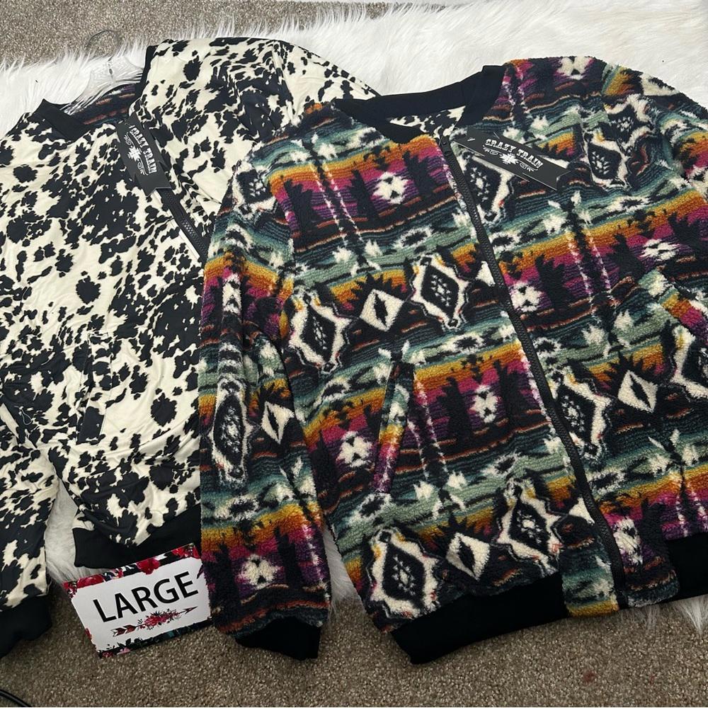Crazy Train Large Reversible Fleece Jacket Aztec & Cow Print